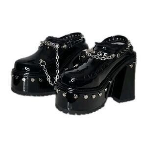 Widow Righteous Rebel Spike Platform Mules Vegan Patent Fur Trim Heels 9M